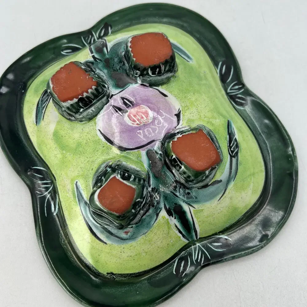 Posey Bacopoulos Pottery Majolica Square Bowl Candy Console Dish Green Pink 7